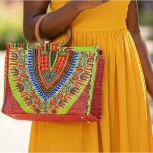 Woven Multicolored Dashiki And Jute Wooden Top Handle Bag